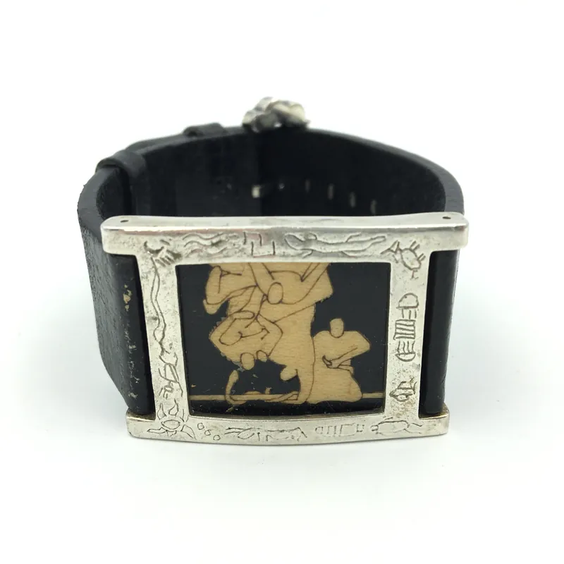 Womens Hand-Made Sterling Silver Storyteller Bracelet Leather Band Clasp