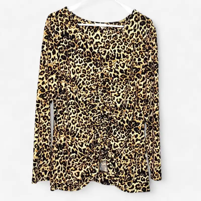 Como Blu Women's XL Black and Brown Leopard Print Gathered Shirt Top - Excellent Condition