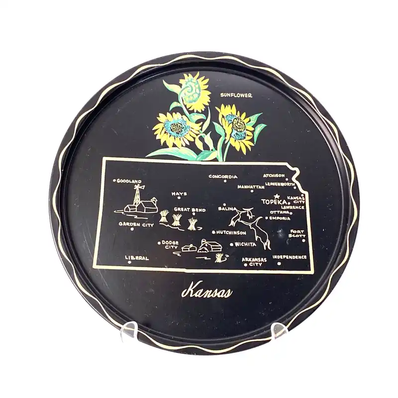 State of Kansas Decorative Serving Tray Black Map Points of Interest - Unmarked
