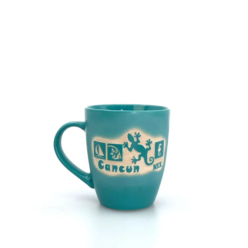 Cancun Mexico Turquiose Ceramic Souvenir Coffee Cup 16 Oz Gecko - Unmarked