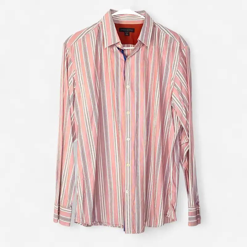 Banana Republic Men's Red and White Striped Dress Shirt - Button-Up - Long Sleeve - Size Large