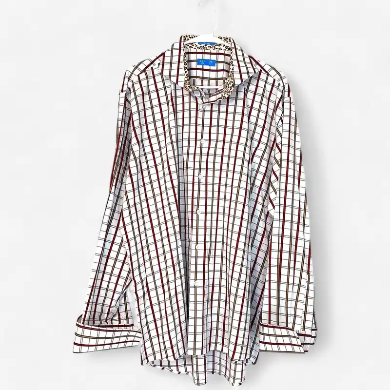 Asante Couture Mens Size 17½ 34/35 White Box Plaid Button-Up Dress Shirt L/s