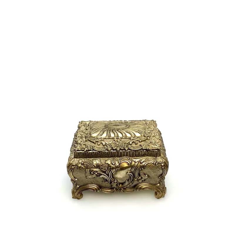 Vintage Ornate Gold Metal Casket Jewelry Box Art Floral Trinket Footed Vanity Accessory - Unmarked