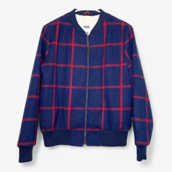 Old Navy Women's Blue & Red Windowpane Zip-Up Jacket with Soft White Fleece Lining - Size S