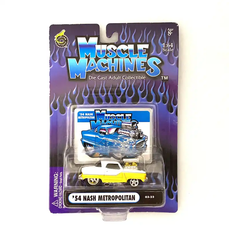 Muscle Machines Nash Metropolitan Diecast Car – Vintage 1:64 Scale Collectible for Car Enthusiasts – White/Yellow Design - Funline Merchandise Co