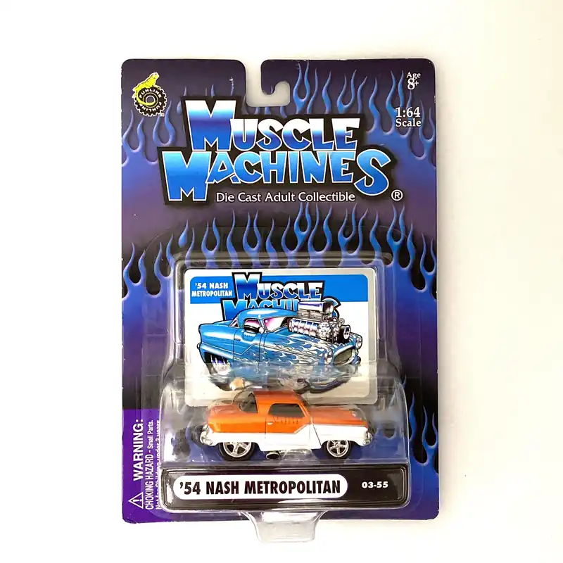 Muscle Machines Nash Metropolitan Diecast Car – Vintage 1:64 Scale Collectible for Car Enthusiasts – Orange/White Design - Funline Merchandise Co