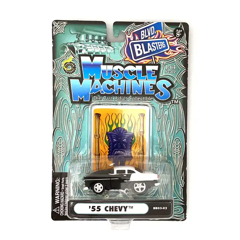 Muscle Machines '55 Chevy Diecast Car – Vintage 1:64 Scale Collectible for Adult Enthusiasts – White/Black Color Variation - Funline Merchandise Co