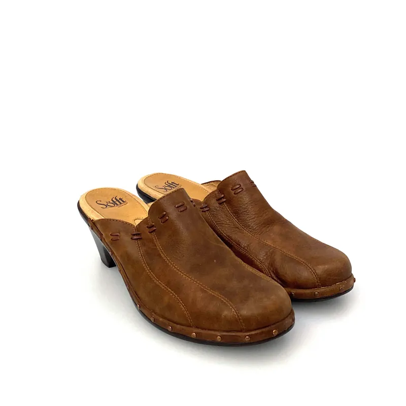 Sofft Womens Size 9M Brown Mules Shoes Leather Stitched Heeled