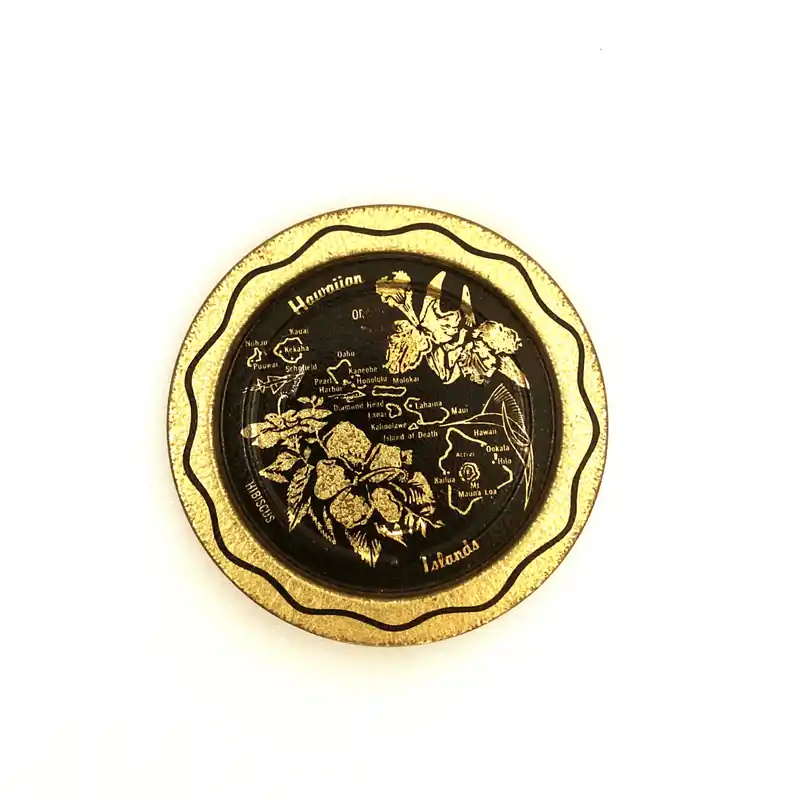 Vintage Hawaiian Islands Metal Ash Tray 3.5” Black Orchid Hibiscus - Unmarked