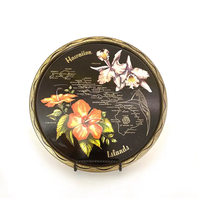 Hawaiian Islands Collectible Decorative Plate 11” Black/Gold Map Points of Interest - Unmarked