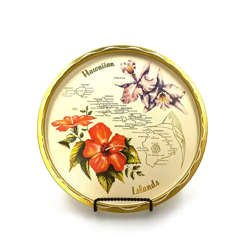 Hawaiian Islands Collectible Decorative Plate 11” Ivory/Gold Map Points of Interest - Unmarked