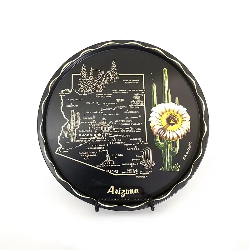 State of Arizona Collectible Decorative Plate 11” Black/White Map Points of Interest - Unmarked