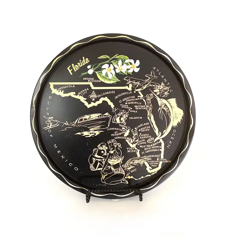 State of Florida Collectible Decorative Plate 11” Black Map Points of Interest - Unmarked