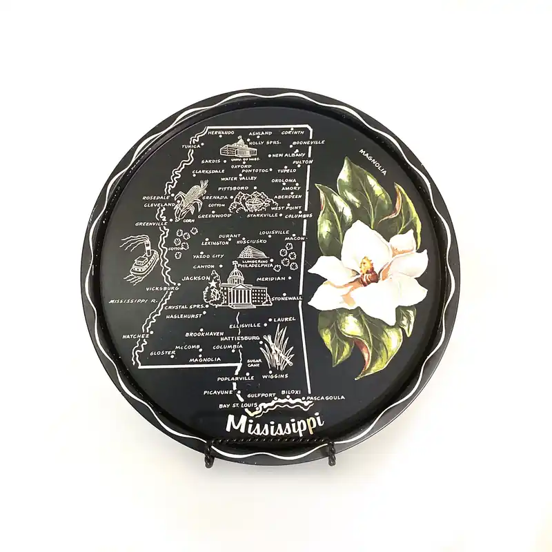 State of Mississippi Collectible Decorative Plate 11” Black Map Points of Interest - Unmarked