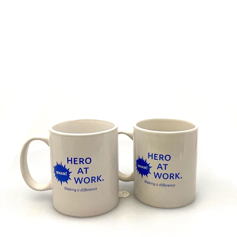 “Hero At Work Making A Difference” Employee Appreciation Coffee Cup, White 10oz (2) - Unmarked