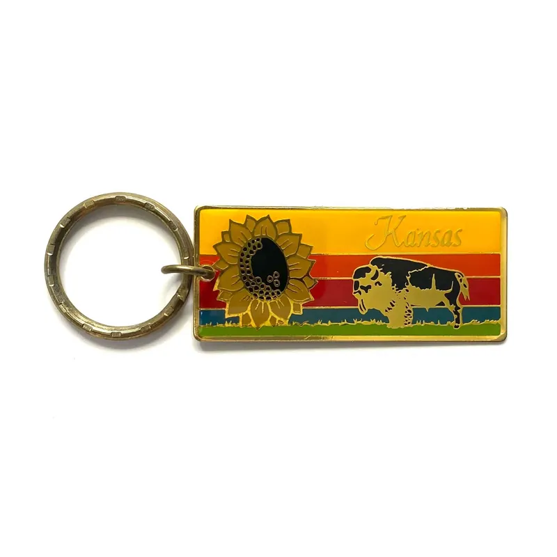 Vintage Kansas Enamel Sunflower Souvenir Keychain Key Ring Metal Rectangle Gold - Unmarked