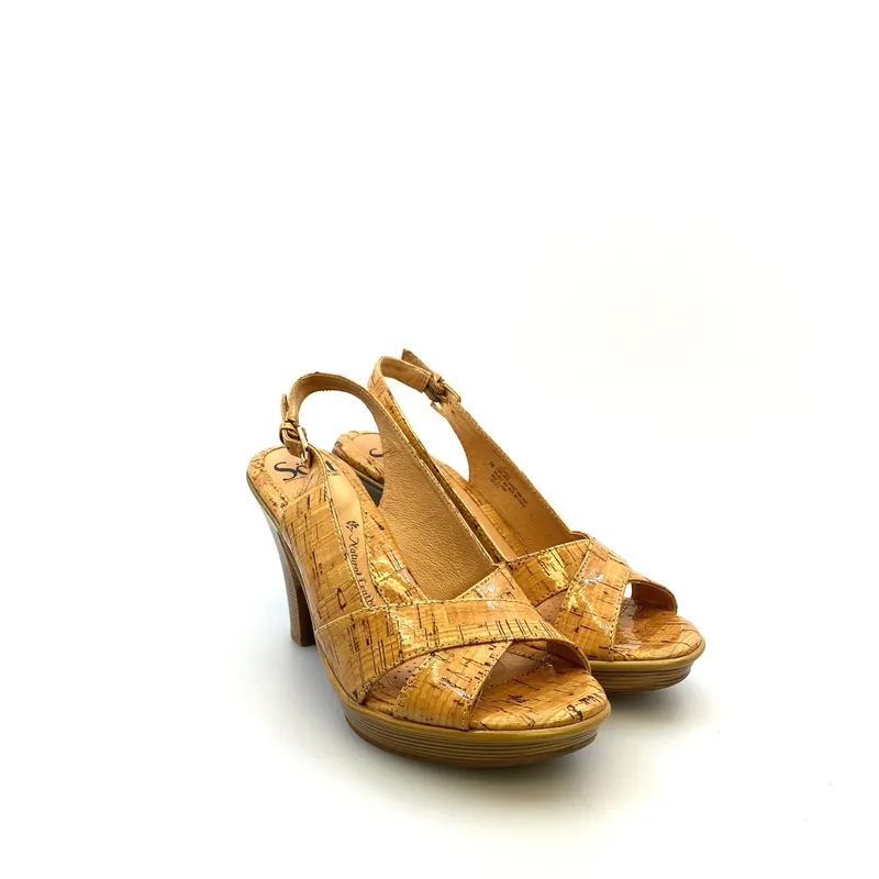 Sofft Womens “Portia” Size 6M Natural Laminated Cork Open-Toe Slingback Heels
