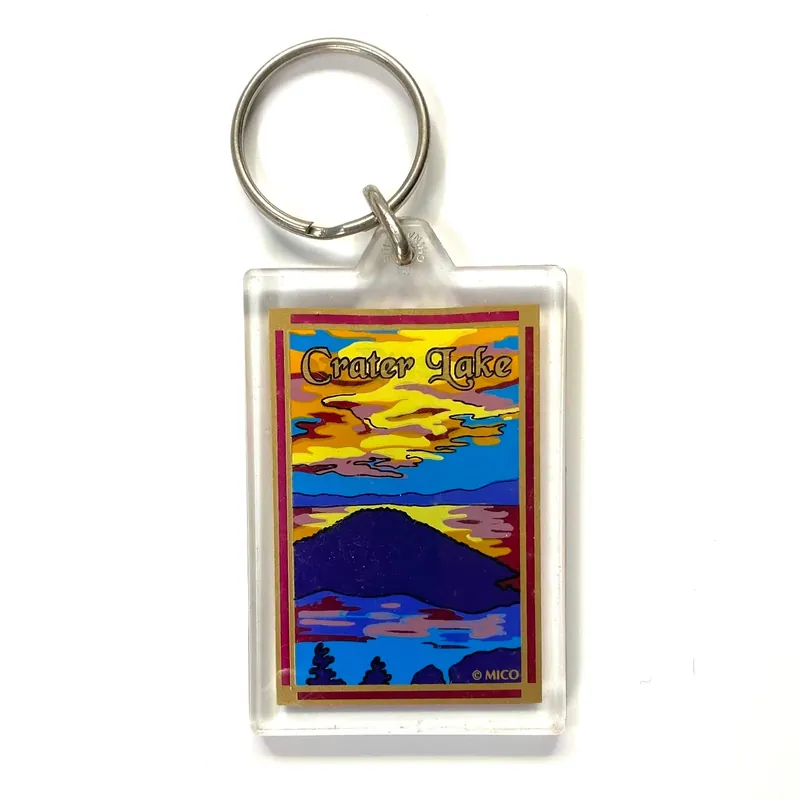 Vintage Crater Lake National Park Travel Souvenir Keychain Key Ring Rectangle Clear Acrylic - MICO