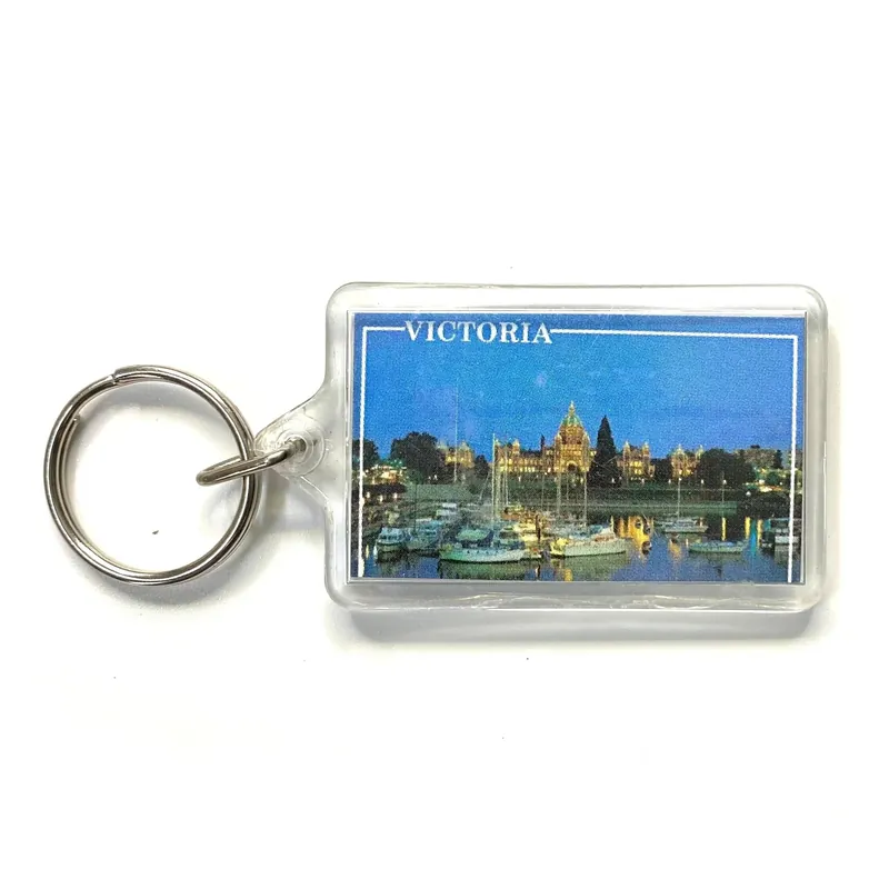 Vintage “Victoria” British Columbia Travel Souvenir Keychain Key Ring Rectangle Clear Acrylic - Unmarked