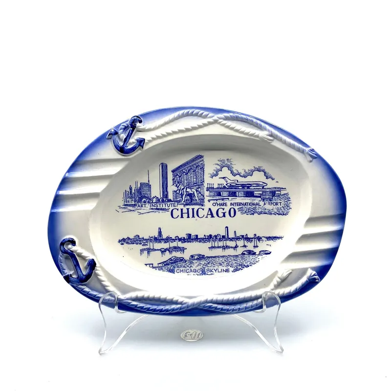 Vintage Chicago Skyline Porcelain Ashtray Travel Souvenir Collectible 6” Blue White - Unmarked