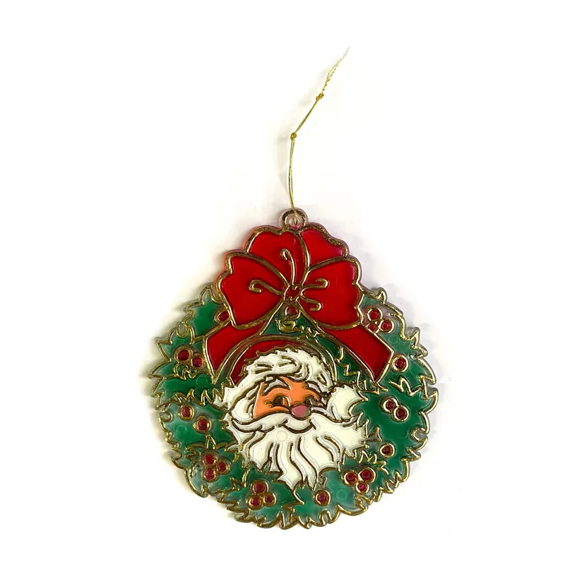 Vintage Santa Wreath Stained Glass Style Acrylic Christmas Ornament Suncatcher 3” - Unmarked