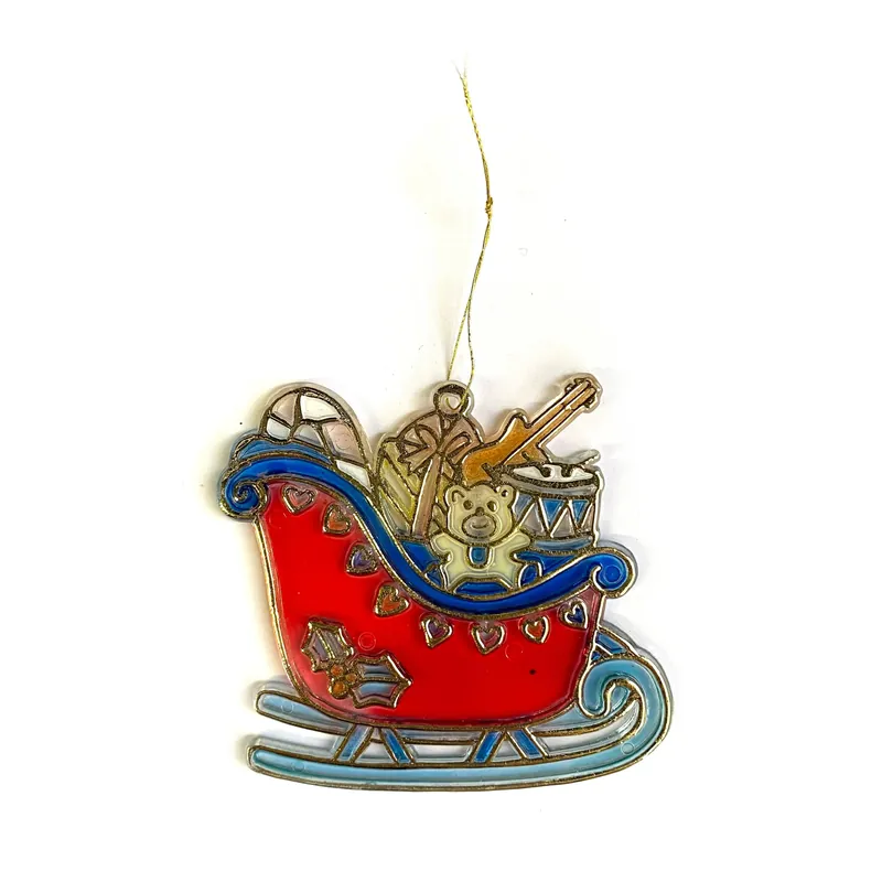 Vintage Santa’s Sleigh Stained Glass Style Acrylic Christmas Ornament Suncatcher 3” - Unmarked