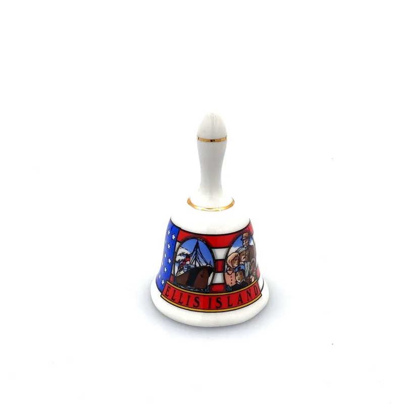 Vintage Hand Bell Travel Tourism Collectible White Porcelain - ELLIS ISLAND