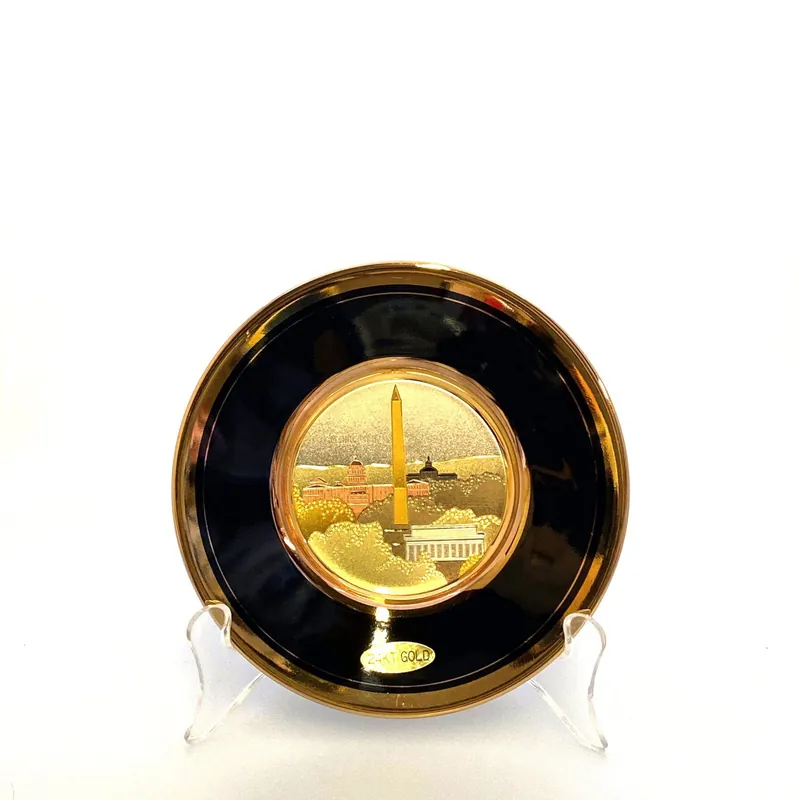 Chokin Souvenir Collectors Plate “Washington, D.C.” 24k Gold Trim Black 5” - Unmarked