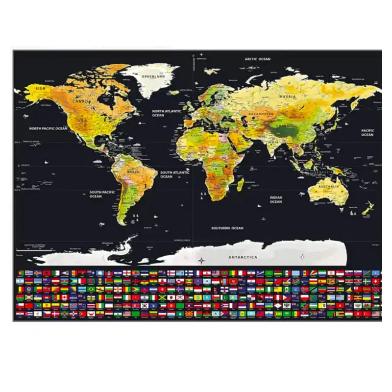 Scratch Off World Map, 32" x 23" Topographic Map Poster with Countries Flags - Baoduu
