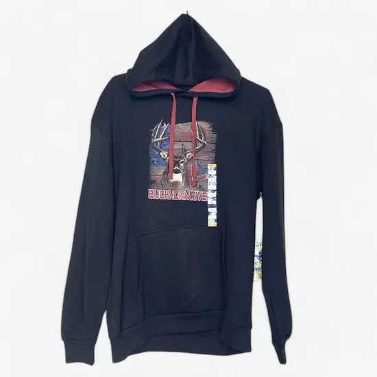 Buckhorn River Men's Black American Flag Stag Graphic Hoodie - Size L - NWT