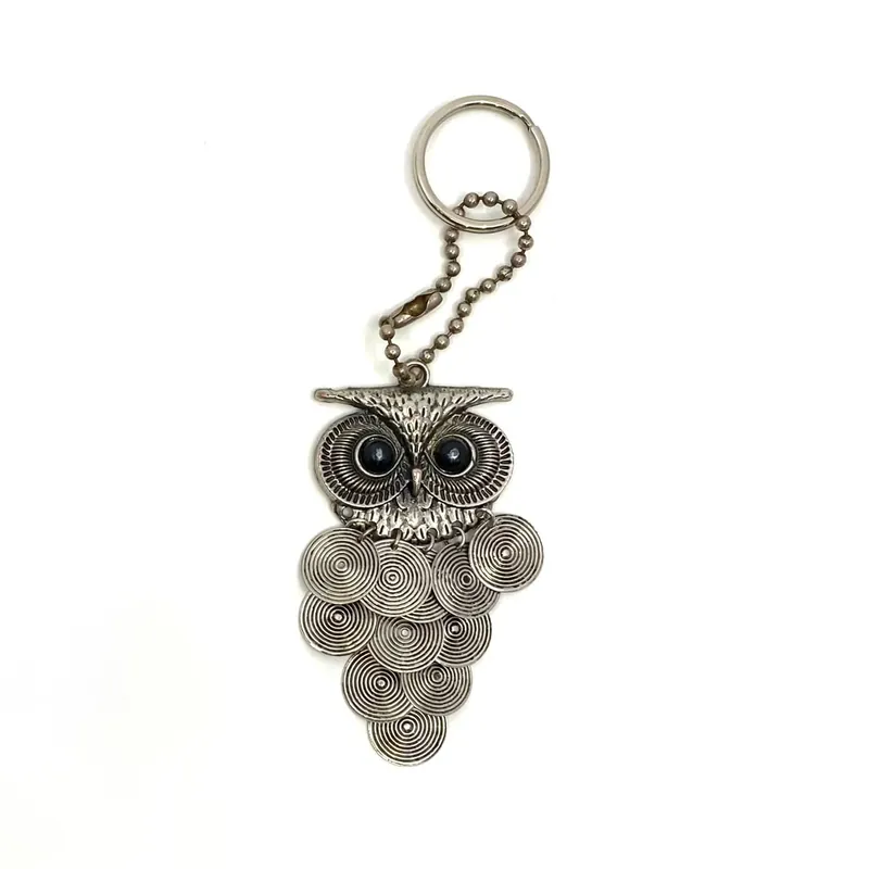 Silver Metal Owl Keychain Large Dangling Charm Key Ring - Unmarked