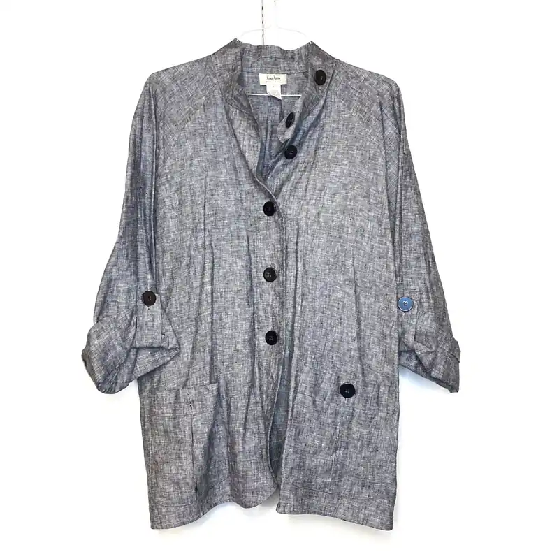 Neiman Marcus Women's Gray Linen Button-Up Shirt - Size XL - Long Sleeve