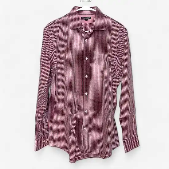 Banana Republic Men's Red and White Plaid Classic Fit Long Sleeve Dress Shirt - Size L