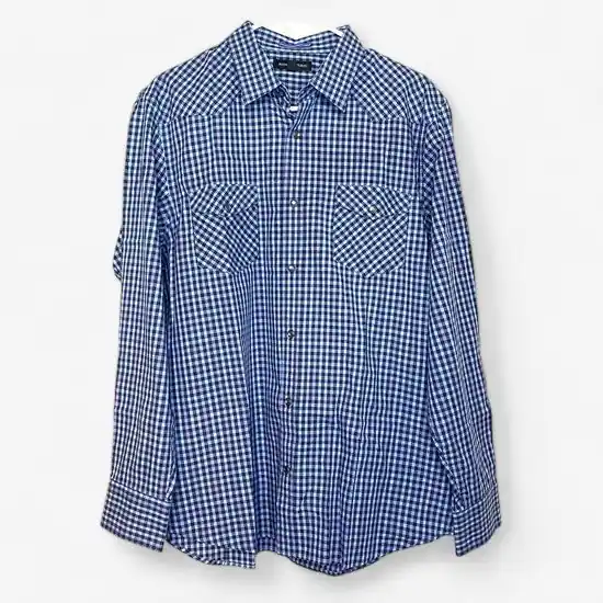 Banana Republic Men's Blue and Purple Box Check Long Sleeve Western Shirt - Size L