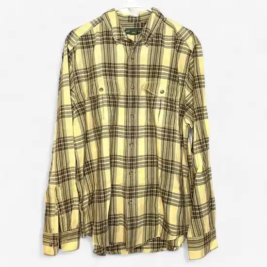 Eddie Bauer Men's Yellow, Black, and Gray Plaid Short Sleeve Button-Up Shirt - Size L