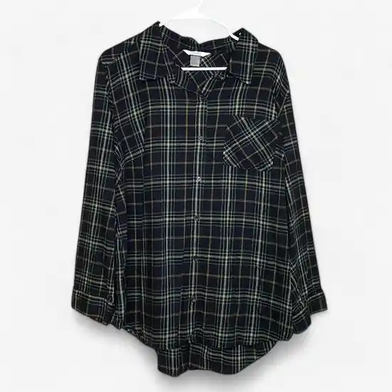 CJ Banks Women's Dark Green Plaid Button-Up Long Sleeve Shirt - Size 2X