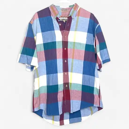 Vintage Adirondack Men's Multicolor Plaid Short Sleeve Button-Up Casual Shirt - Size L