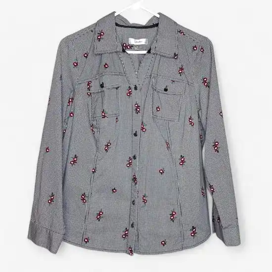 CJ Banks Women's White and Black Houndstooth Floral Button-Up Long Sleeve Shirt - Size X
