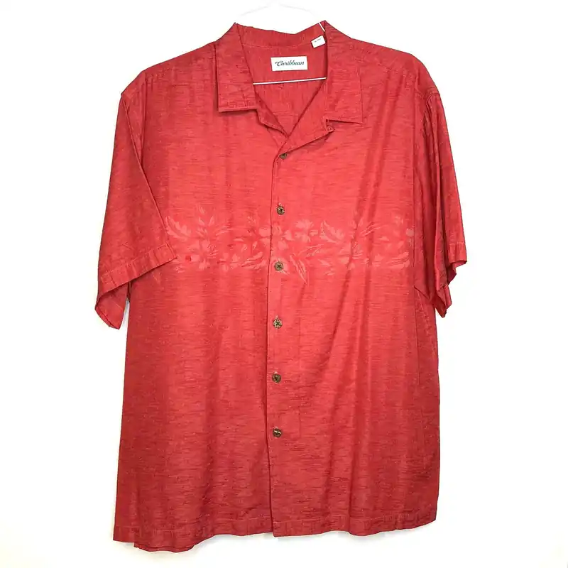 Men's Hawaiian Shirt - Size XL - Orange Tropical Pattern - Short Sleeve Button-Up