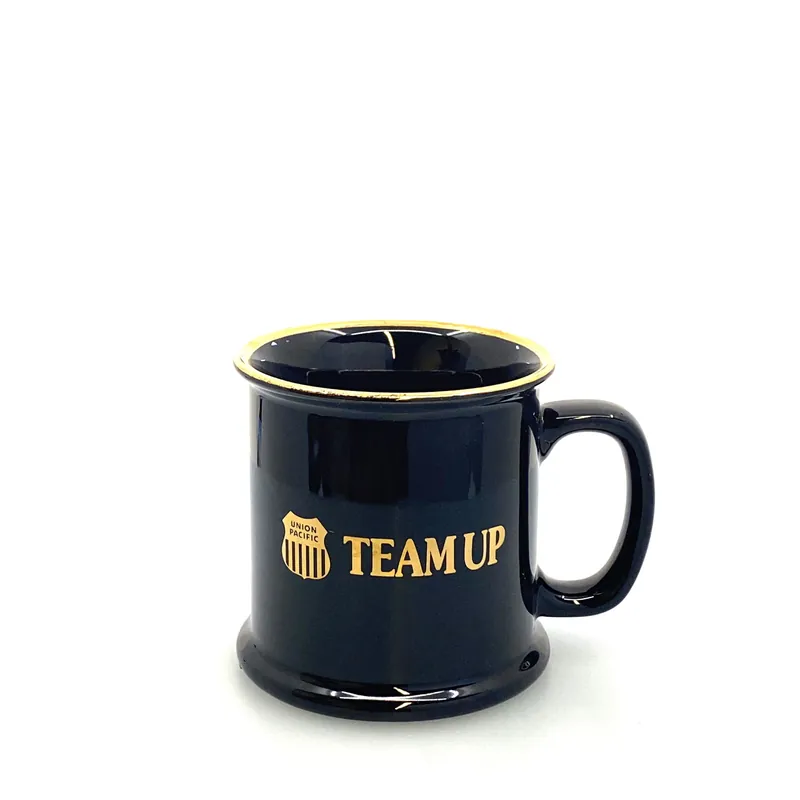 Union Pacific Railroad “Team Up” Employee Goldtone Blue Ceramic Coffee Cup 12 Fl Oz - Unmarked