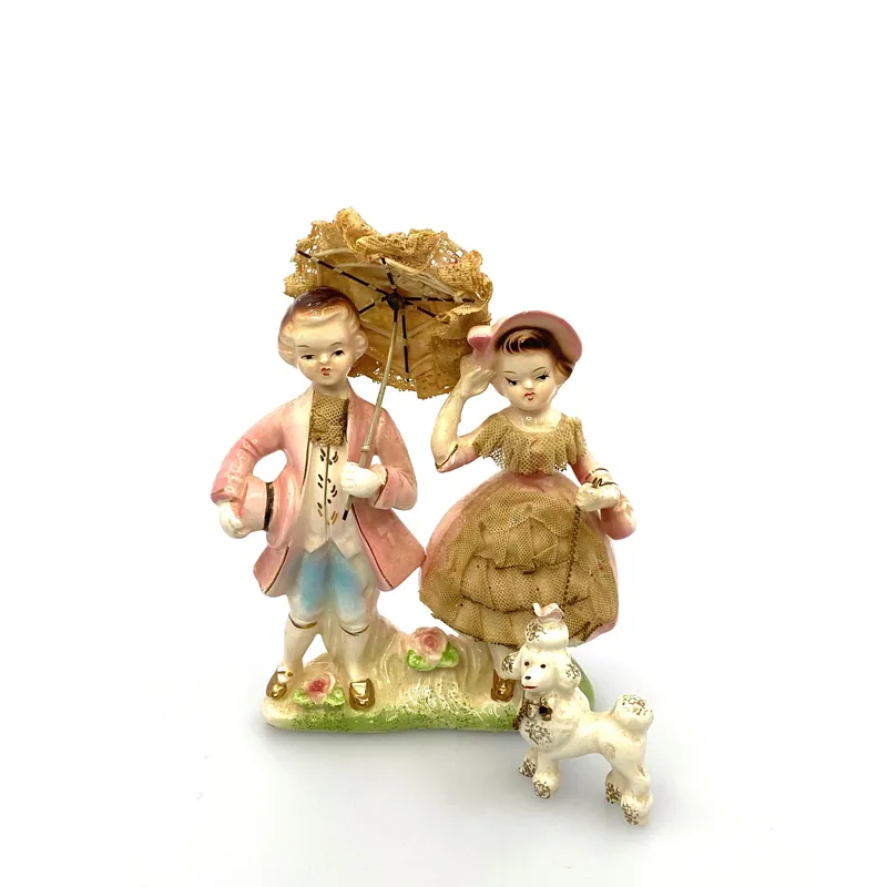 Vintage 6” Porcelain Figurine Lace Accents Victorian Era Boy, Girl and Poodle - Arnart Creations