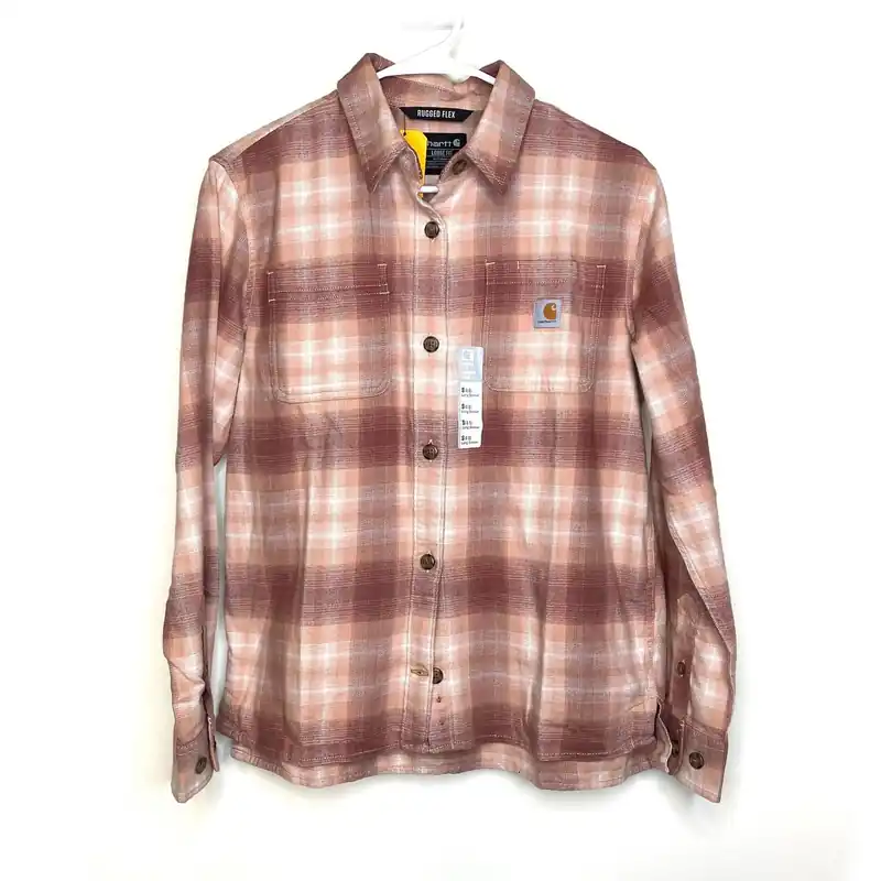 Carhartt Women's Beige Plaid Button-Up Shirt - Size S (4-6) - Long Sleeve Rugged Flex