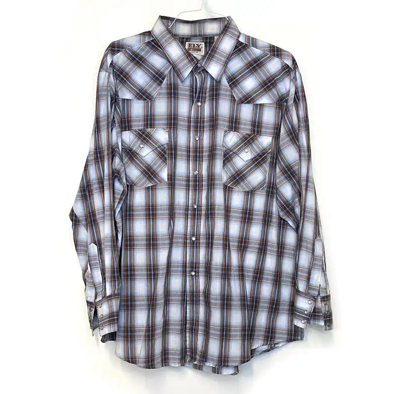 Vintage Ely Cattleman Men's White, Red, and Blue Plaid Western Pearl Snap Shirt - Size XXL - Long Sleeve