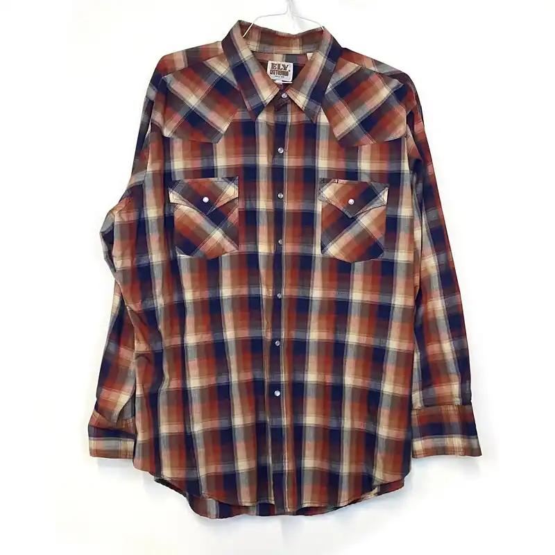 Vintage Ely Cattleman Men's Orange and Blue Plaid Western Pearl Snap Shirt - Size XXL - Long Sleeve