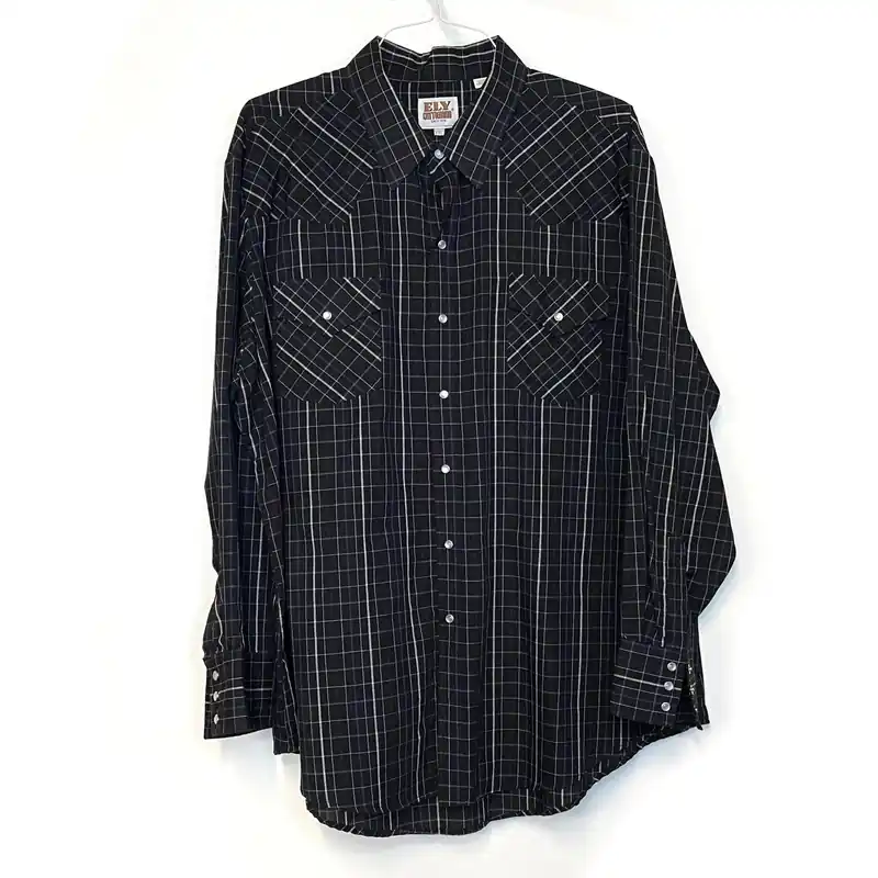 Vintage Ely Cattleman Men's Black and White Box Plaid Western Pearl Snap Shirt - Size XXL - Long Sleeve