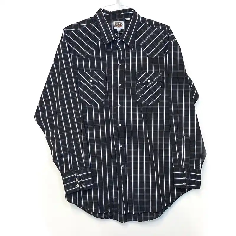 Vintage Ely Cattleman Men's Black and White Striped Plaid Western Pearl Snap Shirt - Size XXL - Long Sleeve
