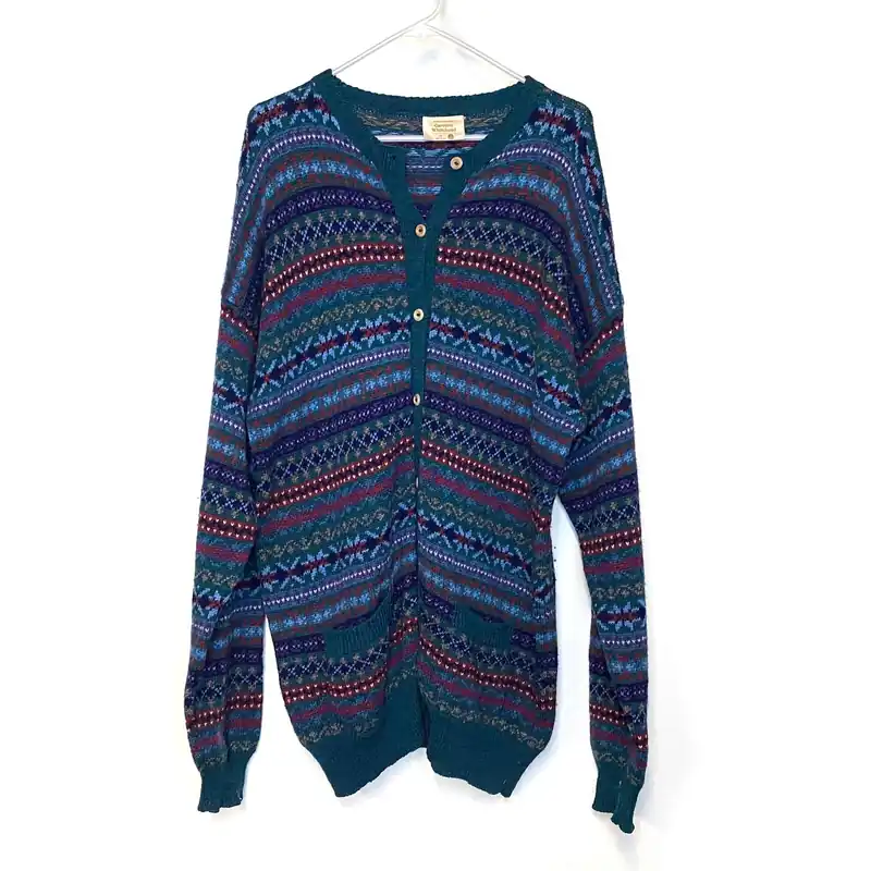 Vintage Northern Isles Men's Multicolor Hand-Knit Cardigan Sweater - Size L