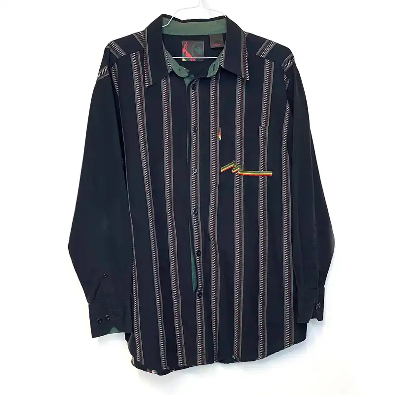 Vintage Mecca USA Men's Black Multicolor Striped Shirt - Size L - Long Sleeve