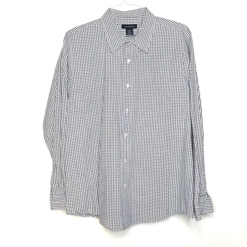 Calvin Klein Jeans Men's White and Gray Box Check Button-Up Dress Shirt - Size L - Long Sleeve