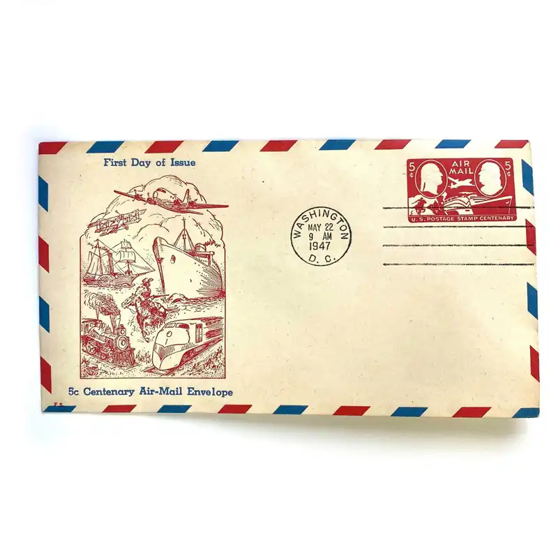 1947 US Postage First Day of Issue Stamp & Envelope - 5c Centenary Air-Mail